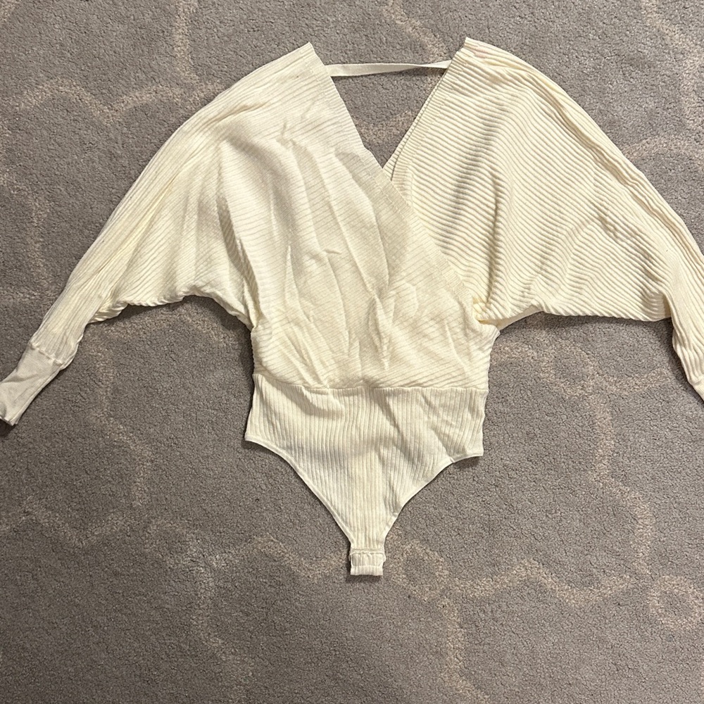 Pink Lily Cream Ribbed Bodysuit
